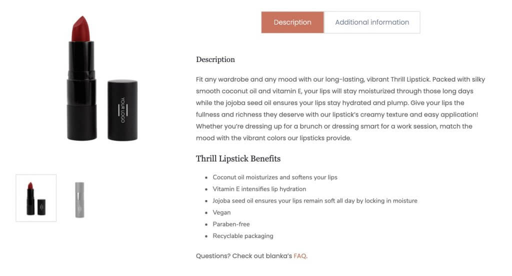 Blanka private label lipstick product description hierarchy and voice