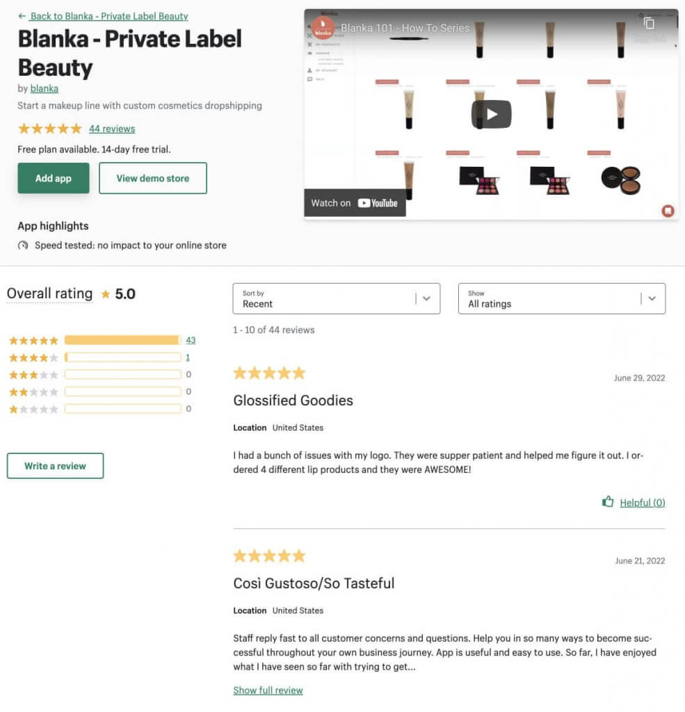 Blanka's 5-star review page